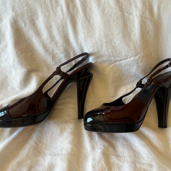 CHANEL Patent Leather Platform Slingbacks 36.5 - Great Condition - Navy & Maroon - Picture 1 of 6
